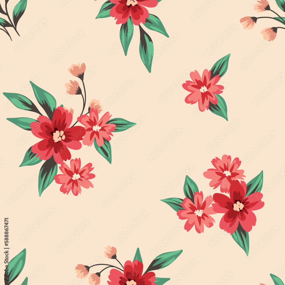 Seamless floral pattern, gentle ditsy print with small botany in rustic style. Romantic botanical design: little hand drawn flowers, leaves in bouquets on a light pink background. Vector illustration.