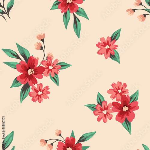 Seamless floral pattern  gentle ditsy print with small botany in rustic style. Romantic botanical design  little hand drawn flowers  leaves in bouquets on a light pink background. Vector illustration.