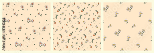Seamless floral pattern with small line art plants in the set. Cute minimal design with tiny plants: pretty chamomile, mini flowers, leaves in an abstract arrangement on a light background. Vector.