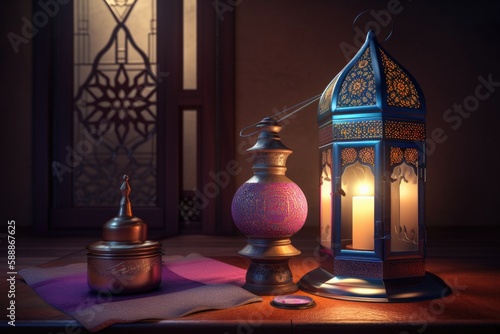 Muslim Holy Month Ramadan Kareem - Ornamental Arabic Lantern With Burning Candle Glowing At Evening,generative ai.