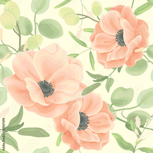 Seamless floral pattern, delicate flower print with watercolor botany. Beautiful botanical design with large hand drawn pink anemone flowers, leaves on white background. Vector illustration.
