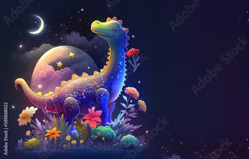 Fairy Dragon. Sketch for a fairy tale. Moon and flowers. Cartoon. Generative AI