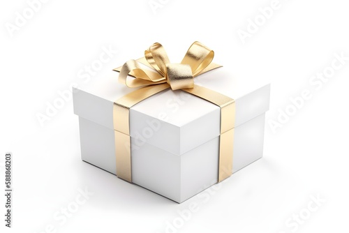 White gift box with a golden bow isolated on white background, close up view. Generative AI. © Alexandra Selina