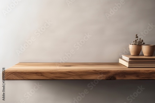 Frontal details of a wooden minimalist wall shelf. White background with an isolated wooden wall shelf. Shelves for holding objects. Model of a shelf. Generative AI