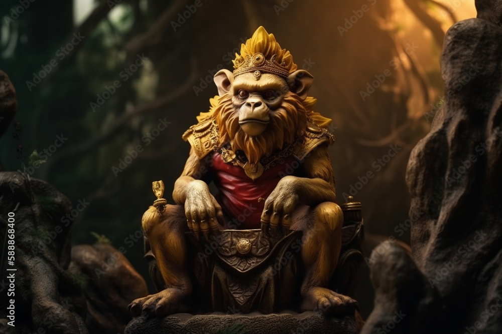 King monkey in the jungle or forest with powerful angry look. Hindu or hinduims monkey god concept representation. Dominating primate chimp character. Ai generated