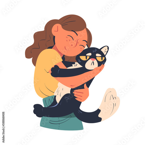 Young Woman Character Embracing Her Favorite Cat Pet with Grumpy Snout Vector Illustration