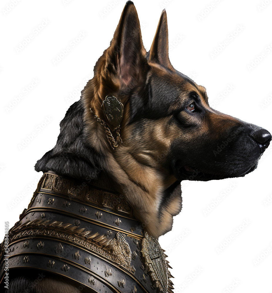 Knight German Shepherd Dog Wearing Gleaming Metal Armor, Generative AI