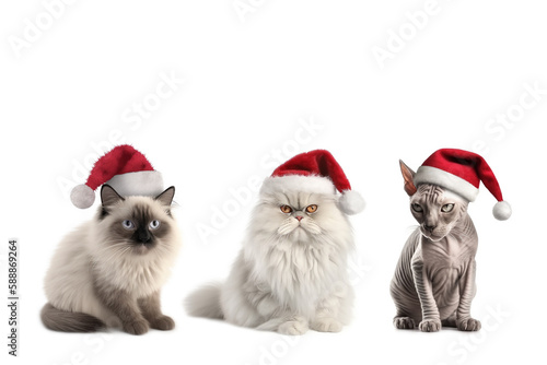 Three cats in red Santa Claus hats isolated on a white background. Ragdoll, persian and sphynx breed of cats in santa claus hat. © esvetleishaya