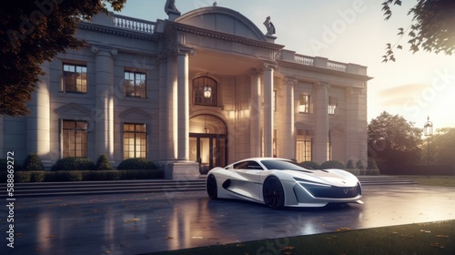 Experience Opulence: A Luxury House with Bright-Light Supercar Outdoor, a Grandiose Palace with Sleek and Stylish Features in the Heart of the City, Generative AI © Georgy