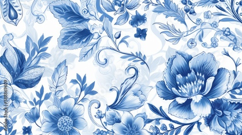 A background with floral pattern in blue and white. Generative AI. © Elle Arden 
