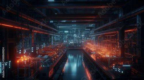 Night-time Cyberspace Symphony: Futuristic Factory of the Future with HUID Interfaces and ChatGPT Algorithms Illuminated by Neon Lights, Generative AI