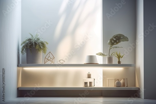 Front view of a white table showcase with an empty shelf on it, lit by a window from the outside. Backdrop shelves on display to demonstrate a minimalist design. glass, a coffee cup, and a tree plant
