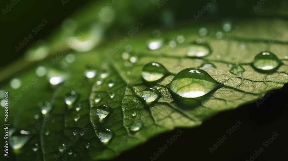 Rain water drops on green leaves on natural background. Based on Generative AI Rain water drops on green leaves on natural background. Based on Generative AI
