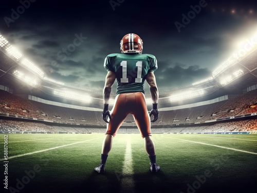 American Football Player Holding Football In Smokey Professional Stadium