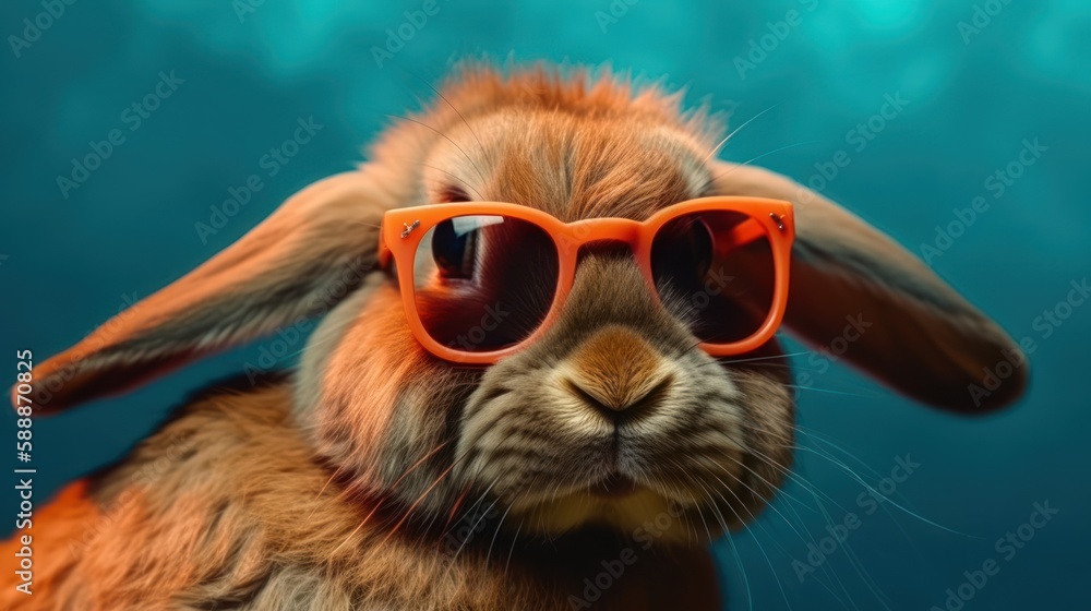 Happy bunny with sunglasses on colorful background. Generative AI