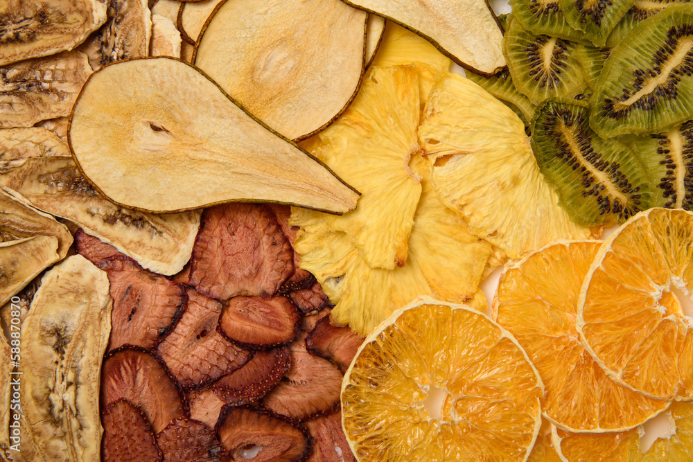 Mix of dried various fruits. Diet food. Natural and healthy snacks. Diet chips made from dried fruits.