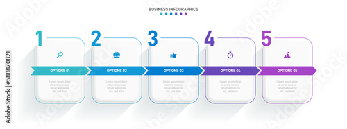 Timeline infographic with infochart. Modern presentation template with 5 spets for business process. Website template on white background for concept modern design. Horizontal layout.
