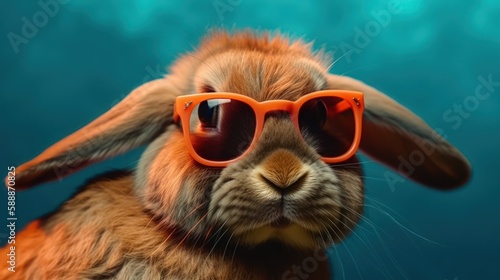 Happy bunny with sunglasses on colorful background. Generative AI © SimgeN