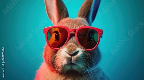 Happy bunny with sunglasses on colorful background. Generative AI