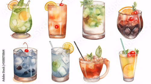 watercolor detailed illustrations of different types of cocktails made with generative ai