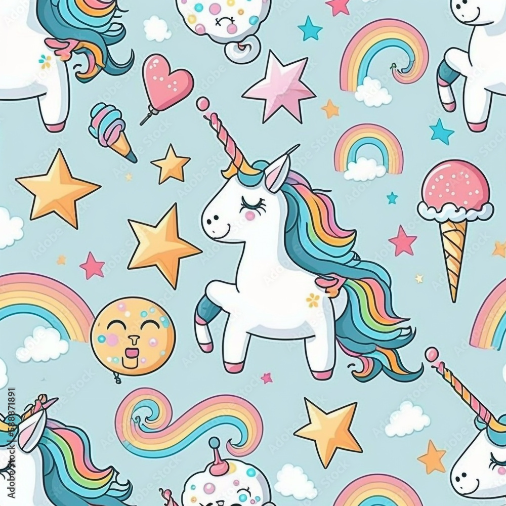 Seamless pattern with cute unicorns, ice cream, rainbow, stars and clouds. Generative AI Seamless pattern with cute unicorns, ice cream, rainbow, stars and clouds. Generative AI