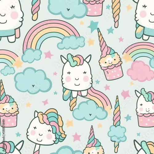 Seamless pattern with cute unicorns, rainbow, clouds and cupcakes. Generative AI