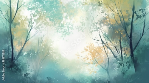 A beautiful artistic nature background with pastel colors and forest with open space. Generative AI.