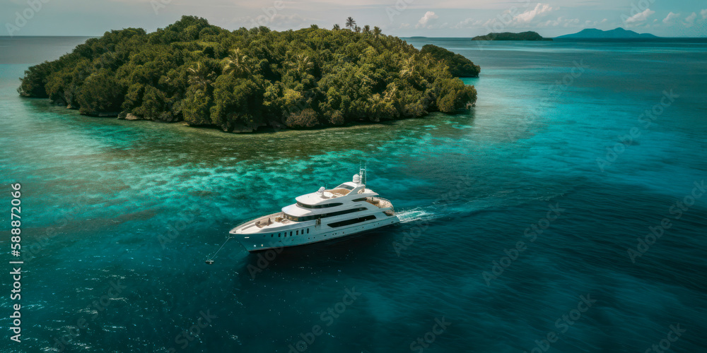 Luxury Yacht anchored in tropical paradise. Aerial view of yacht ...