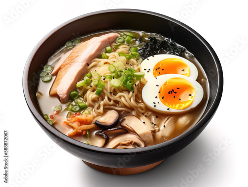 Ramen soup with noodles, leek, nori, shiitake mushroom, soft egg and chashu chicken isolated on white background. With clipping path.