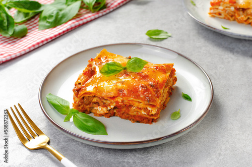 Delicious Homemade Lasagna with Bolognese Sauce on Bright Background, Italian Cuisine, Tasty Baked Lasagna