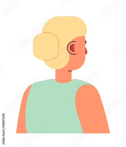 Backside blonde woman with bun hairstyle semi flat color vector character. Editable figure. Half body person on white. Simple cartoon style spot illustration for web graphic design and animation