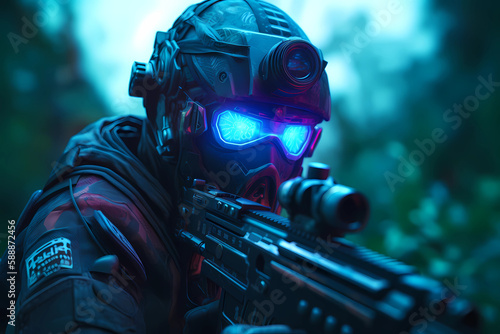 Masked Gaming Operator with Weapon. Color Highlights. Landscape. Helmet, Mask and Glasses. Gaming Background. Created by Generative AI