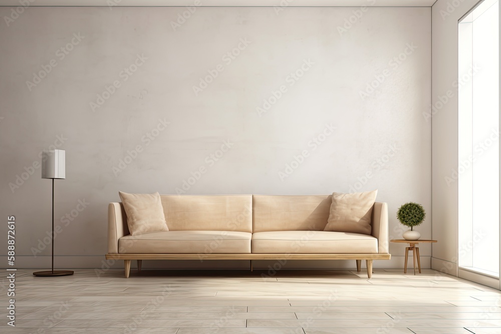 The couch is in the living room in front of the blank wall, which is a prototype element for a modern home design. Generative AI The couch is in the living room in front of the blank wall, which is a prototype element for a modern home design. Generative AI