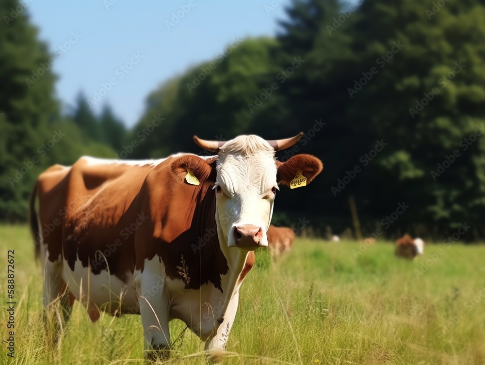 Cow grazing on a green meadow in the summer in the countryside
