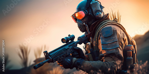 Masked Gaming Operator with Weapon. Color Highlights. Landscape. Helmet  Mask and Glasses. Gaming Background. Created by Generative AI