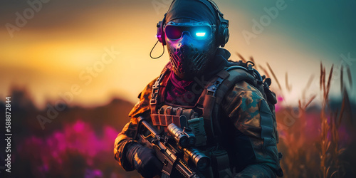 Masked Gaming Operator with Weapon. Color Highlights. Landscape. Helmet, Mask and Glasses. Gaming Background. Created by Generative AI