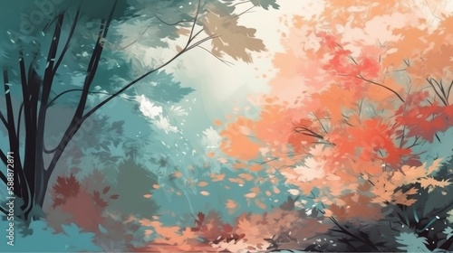 A beautiful digitally illustrated nature background with foliage and open space in a painterly style. Generative AI.