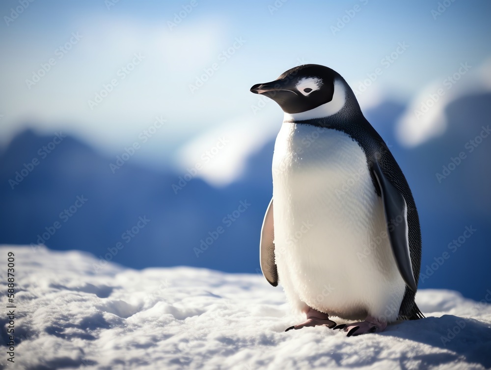 Gentoo penguin standing on the snow.