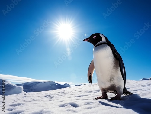 Penguin in the snow on the blue sky background.