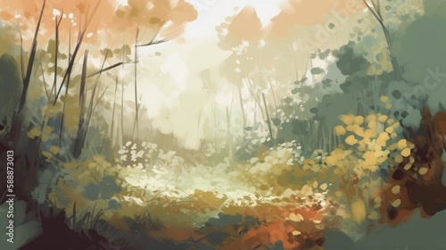 A beautiful digitally illustrated nature background with foliage and open space in a painterly style. Generative AI. 