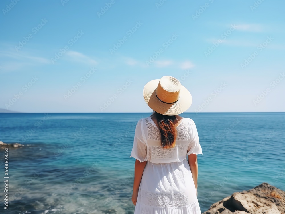 Beautiful girl in a white dress and straw hat on the background of the sea