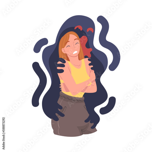 Young Woman Feeling Anger and Malice Grasped by Dark Inner Monster Vector Illustration
