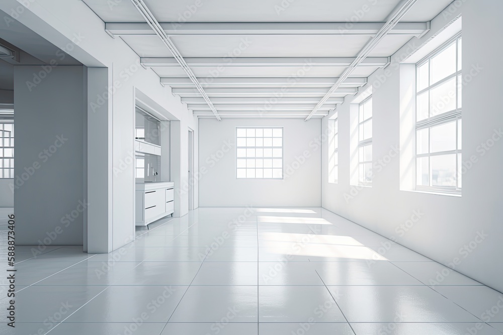 Fototapeta premium White, minimalistic, vacant interior architecture studio background wall display products. Generative AI