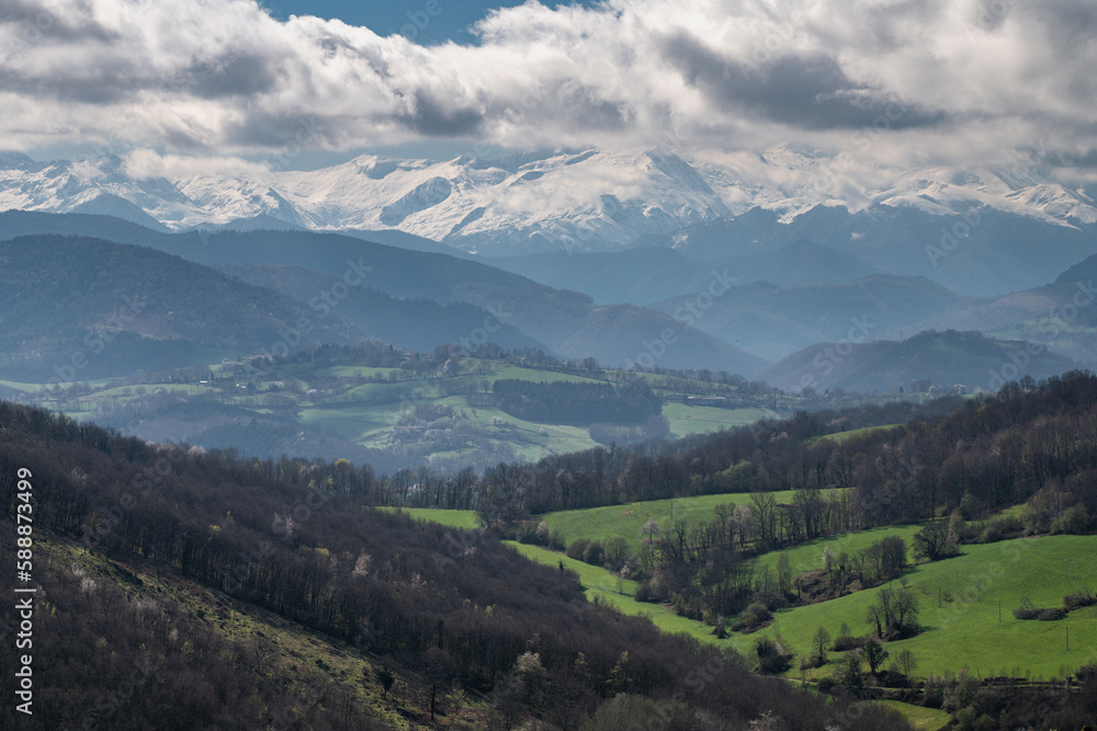 Snow capped Pyrenees seen from the foothills