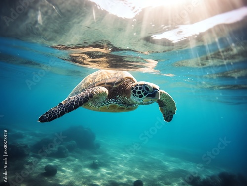 Green Sea Turtle swimming underwater in deep blue ocean.