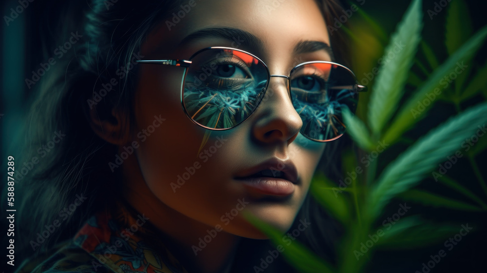 Beautiful woman in sunglasses that reflect marijuana leaves created with generative AI technology