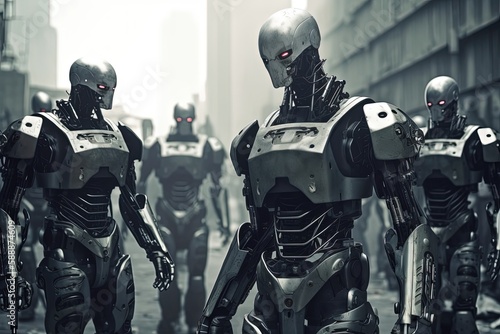 Group of evil, hostile metallic robots, concept of artificial intelligence control over human. Generative AI