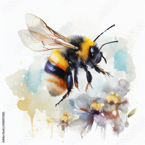 Watercolor portrait drawing of a Bee. Generative AI