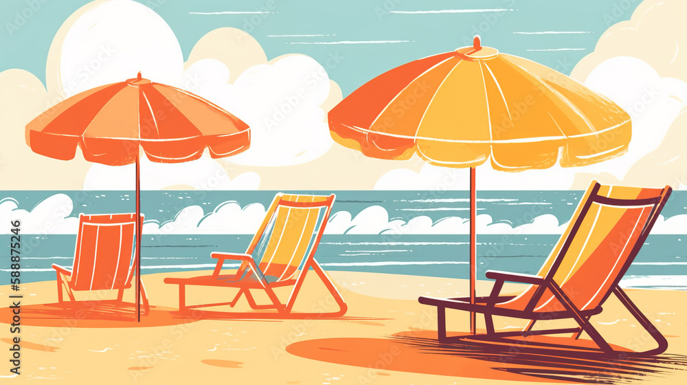 Summer Beach Scene with Chairs and Umbrella, generative AI