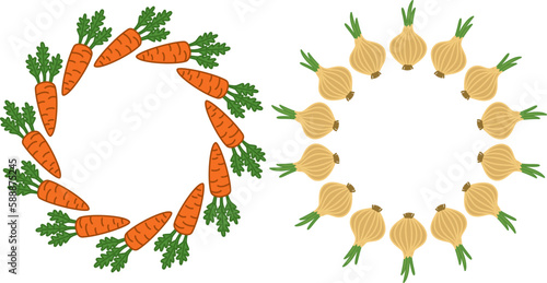 Two vector frames of vegetables in doodle style. Cute cartoon round frames made of carrots and onions